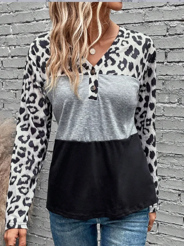 Leopard Color Block Long Sleeve Top Feminine Women's Style 