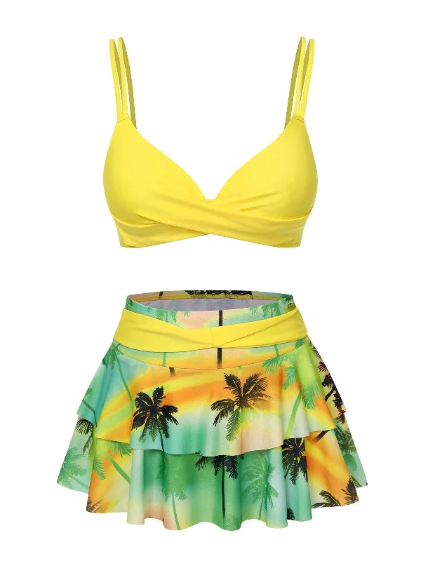 1950s Solid Top & Double Layer Printing Swimsuit Sophisticated Women's 