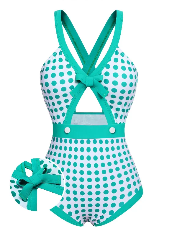Green 1940s Polka Dot Bowknot One-Piece Swimsuit Hip Women's Urban