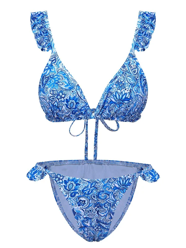 Blue 1950s Paisley Print Ruffle Trim Triangle Bikini Swimsuit Vacation