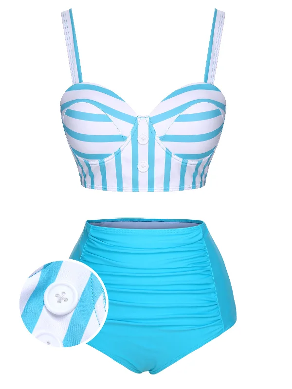 Light Blue 1950s Stripe Strap Swimsuit Traditional Women's Wool