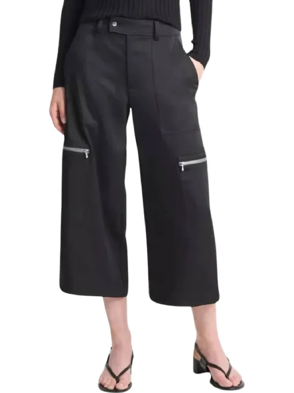 Low Rise Satin Parachute Crop Pants In Black Hip Women's Retro