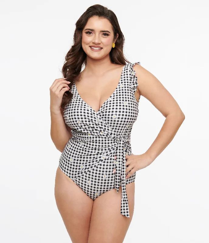 Black & White Daisy Gingham Wrap One Piece Swimsuit Earthy Women's 
