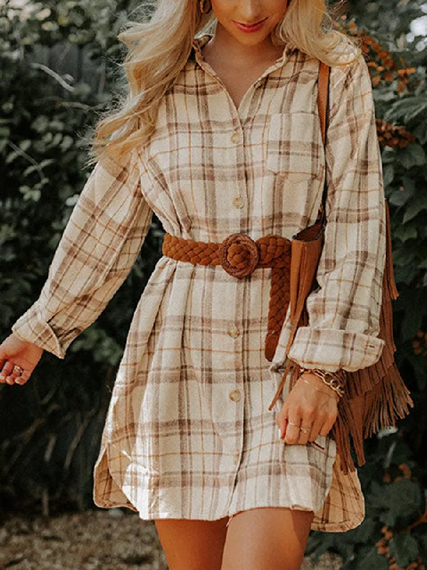Plaid Collared Neck Long Sleeve Shirt Dress Tough Women's Military - inspired