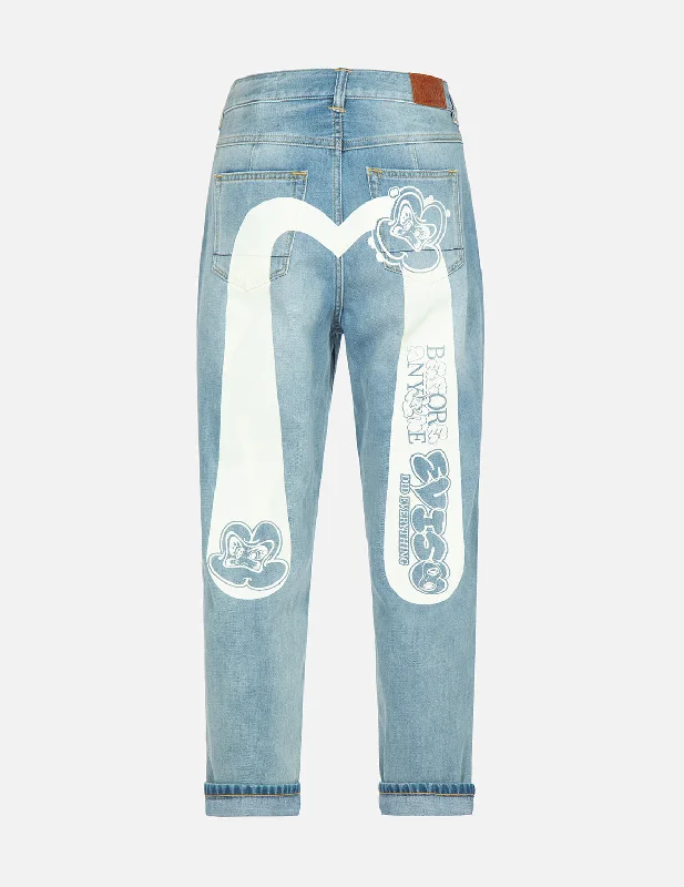 Graffiti Daruma Daicock Print Denim Taper Jeans Dapper Women's Bow - adorned
