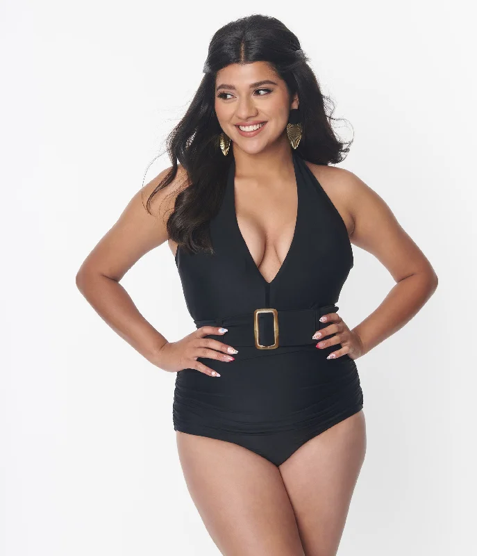 Unique Vintage Black Belted Halter Swimsuit Hip Women's Retro