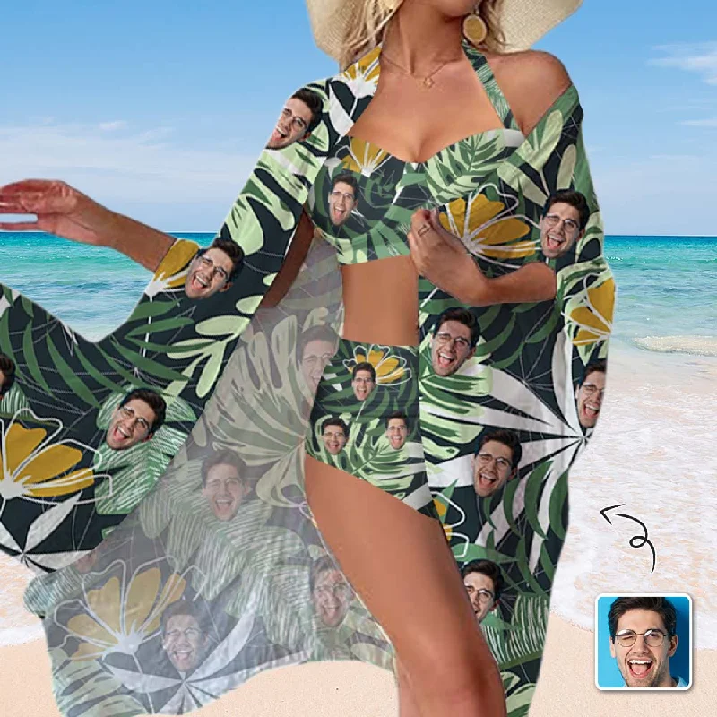 Custom Face Green Leaf Women's Bikini Swimsuit Long Short Kimono Chiffon Blouse Set Refined Women's 