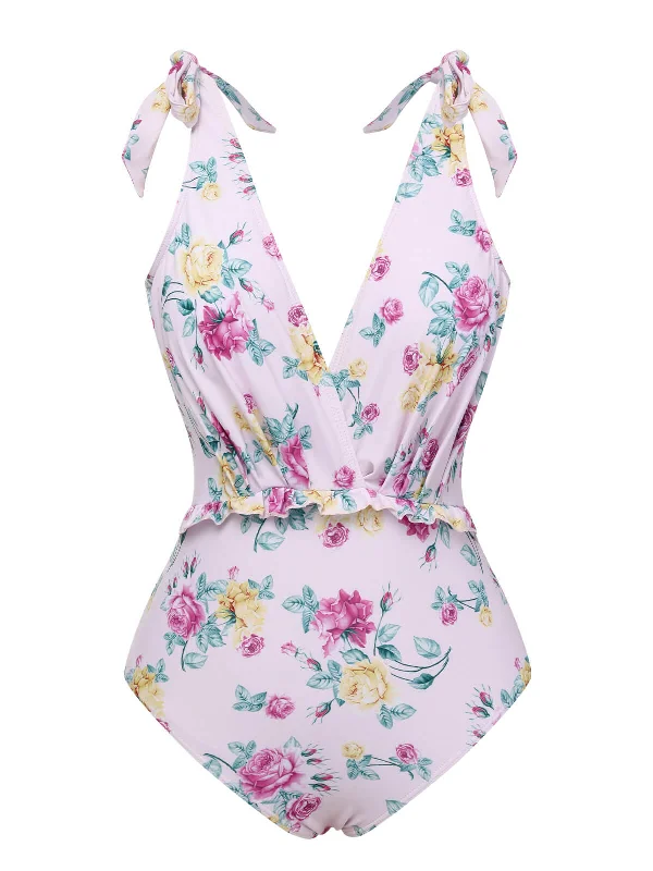 Lavender 1940s Floral Shoulder Tie Swimsuit Edgy Women's Punk