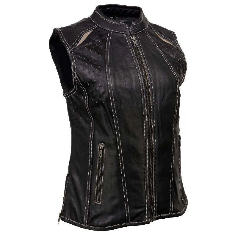 Milwaukee Leather MLL4507 Women's Black Leather Orange Accented Laser Cut Vented Scuba Style Motorcycle Rider Vest Compression Milwaukee Leather MLL4507 Women's Black Leather Orange Accented Laser Cut Vented Scuba Style Motorcycle Rider Vest Compression