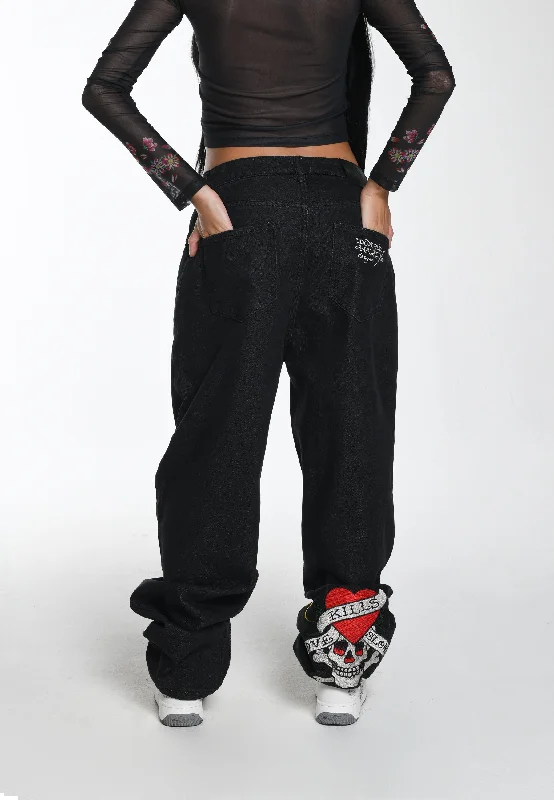 Womens Kill Slowly Relaxed Denim Trousers Jeans - Black Casual Women's Japanese 