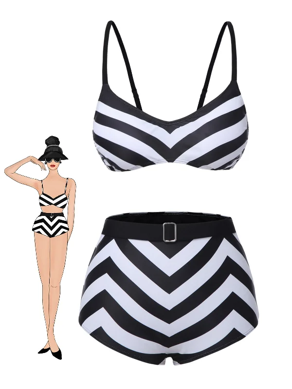 Black 1950s Striped Spaghetti Strap Swimsuit Confident Women's Power