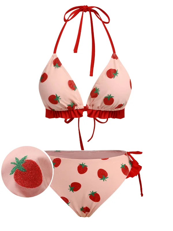 Pink 1950s Strawberry Lace-Up Halter Swimsuit Luxurious Women's High -  end