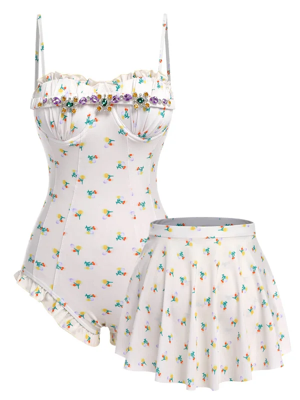 2PCS Beige 1950s Floral One-Piece Swimsuit & Skirt Refined Women's Velvet