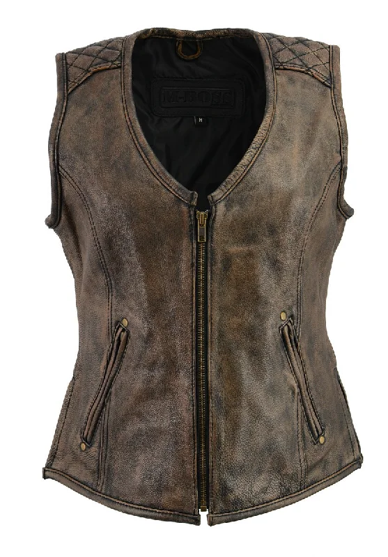 M Boss Motorcycle Apparel BOS24501 Women's Black and Beige Leather Plain Side Motorcycle Biker Rider Vest Preppy Women's College