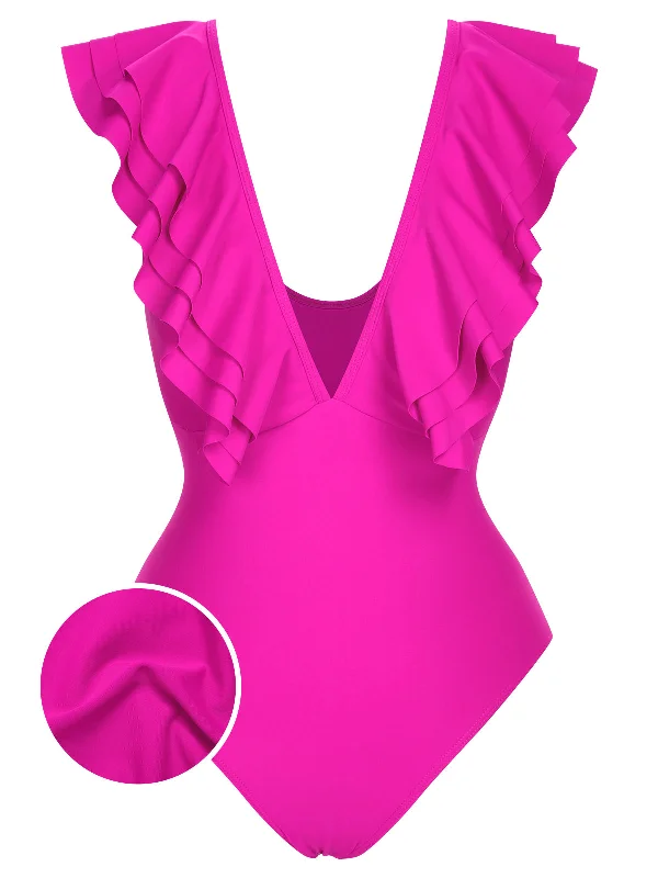 1950s Solid Ruffle V-Neck One-Piece Swimsuit Cozy Women's Winter