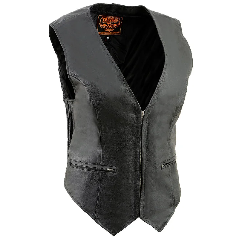 Milwaukee Leather SH1288 Women's Black Leather Deep V-Neck Motorcycle Rider Vest with Side Stretch Panels garde Milwaukee Leather SH1288 Women's Black Leather Deep V-Neck Motorcycle Rider Vest with Side Stretch Panels garde