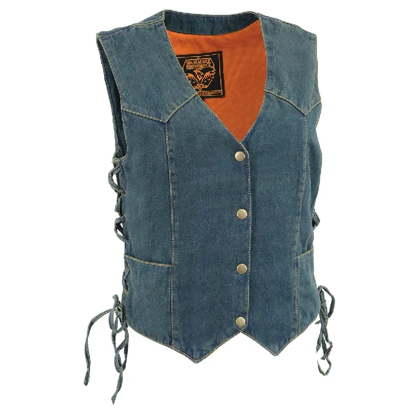 Milwaukee Leather MDL4001 Women's Blue Side Lace 4 Snap Front Denim Vest Laid - back Women's Vibe Milwaukee Leather MDL4001 Women's Blue Side Lace 4 Snap Front Denim Vest Laid - back Women's Vibe
