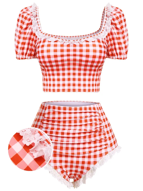 2PCS 1960s Plaid Lace Patchwork Swimsuit Practical Women's Quick - dry