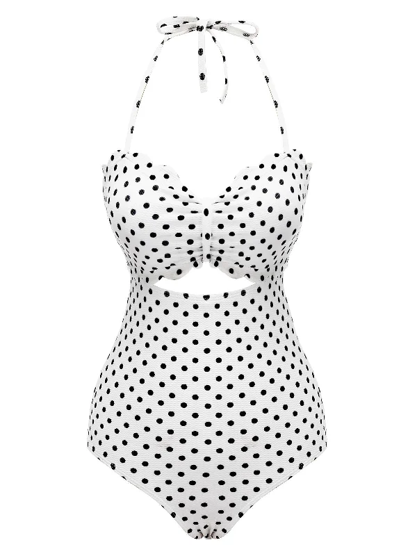 White 1940s Polka Dot Lace Up Halter Swimsuit Sharp Women's Italian