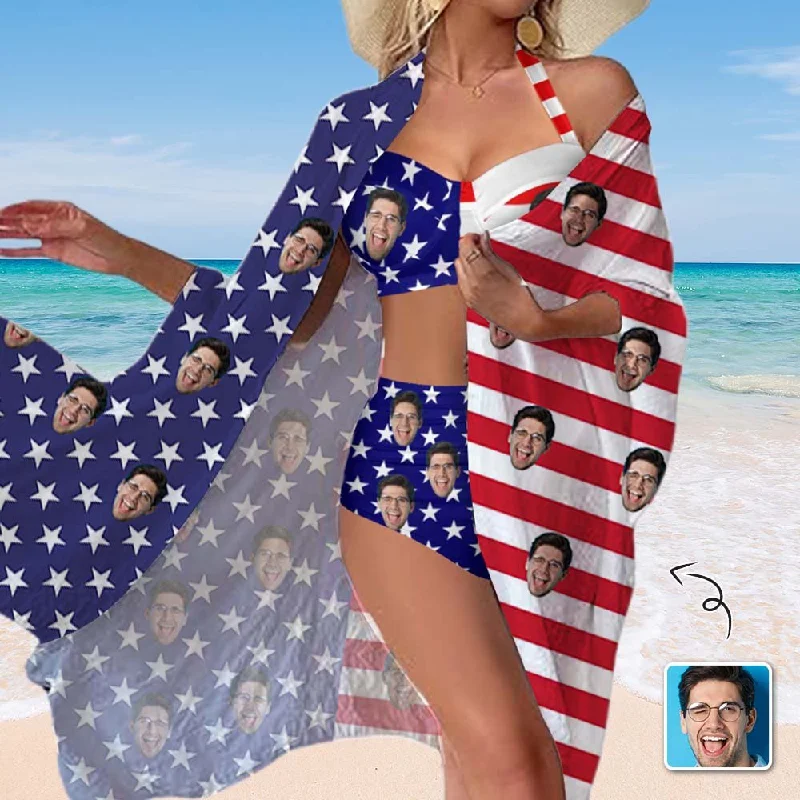 Custom Face American Flag Women's Bikini Swimsuit Long Short Kimono Chiffon Blouse Set Country