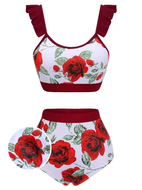 Red 1940s Floral Ruffles Swimsuit British Gentlewoman Style