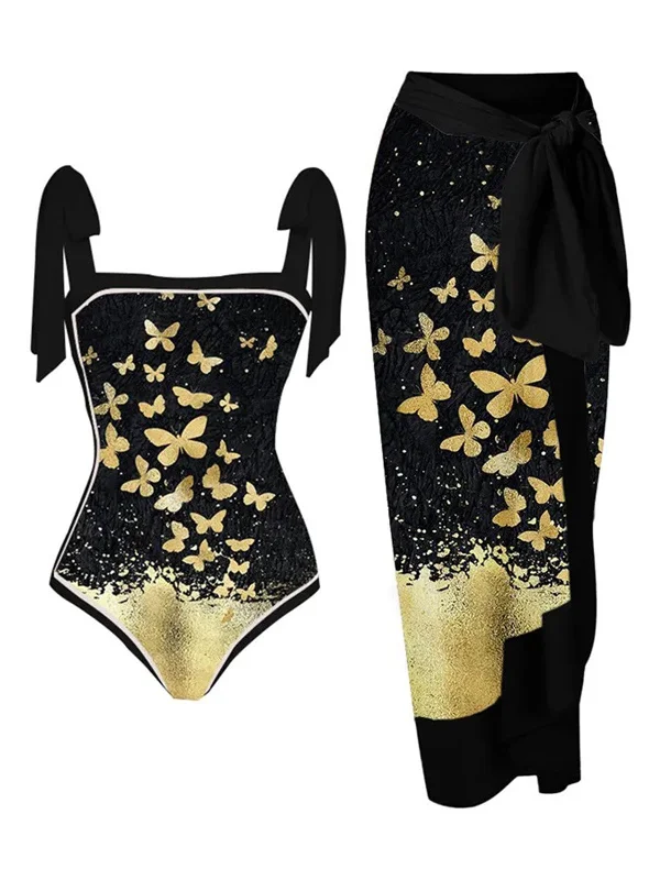 Black 1950s Butterfly One-piece Swimsuit & Cover-up Feminine Women's Style 