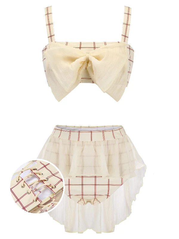 1950s Bowknot Plaid Mesh Patchwork Swimsuit Bohemian Women's Free