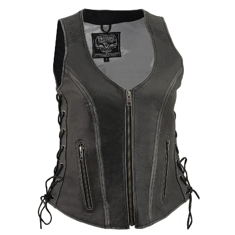 Milwaukee Leather Women's V-Neck Distress Grey Premium Leather Motorcycle Rider Vest w/ Side Laces MLL4531 Relaxed Women's Beachy Milwaukee Leather Women's V-Neck Distress Grey Premium Leather Motorcycle Rider Vest w/ Side Laces MLL4531 Relaxed Women's Beachy