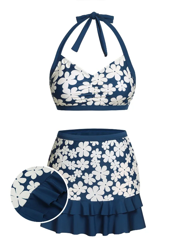 Blue 1940s Floral Ruffles Halter Swimsuit Practical Women's Multi - 