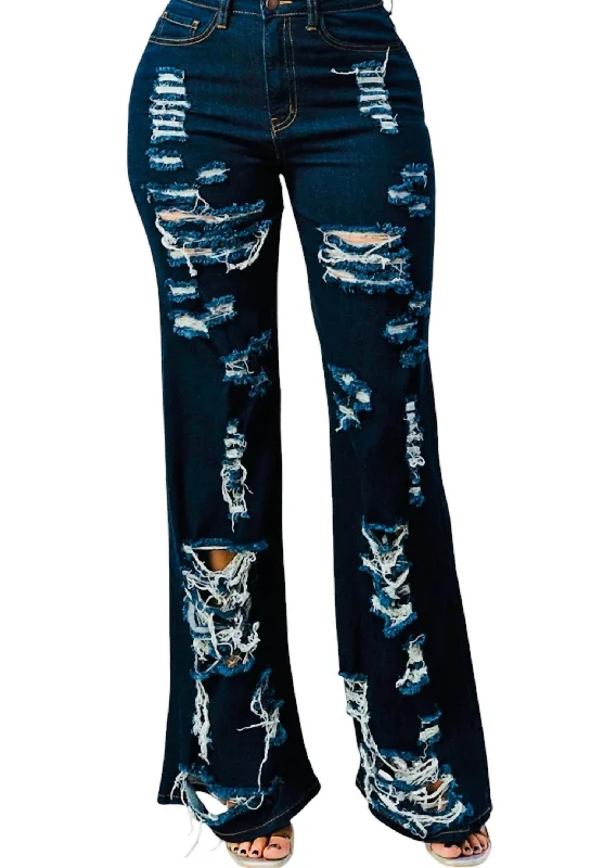 Distressed Jeans In Dark Blue Traditional Women's Wool