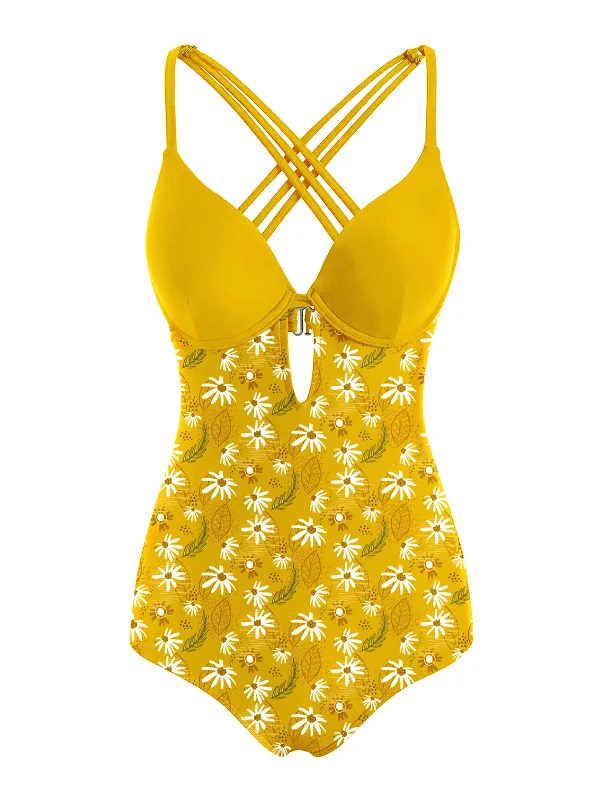 Yellow 1950s Daisy Patchwork Swimsuit Gym