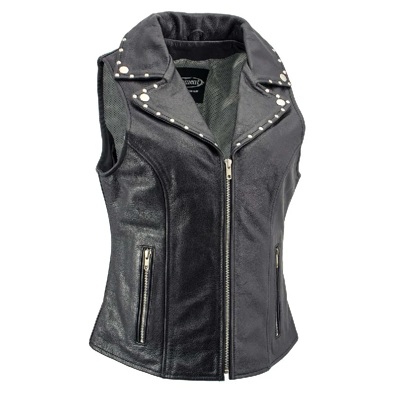 Xelement XS1028 Women's 'Dita' Black Motorcycle Leather Vest with Riveted Lapel Collar Stylish Women's Tropical Xelement XS1028 Women's 'Dita' Black Motorcycle Leather Vest with Riveted Lapel Collar Stylish Women's Tropical