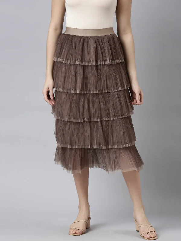 Women Solid Brown Tiered Midi Skirt Sharp Women's Italian