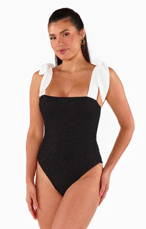 Hudson One Piece ~ Black Scrunch with White Bow Polished Women's Silk