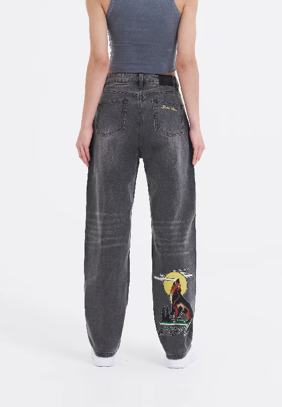 Womens Born-Wild Relaxed Fit Denim Trousers Jeans - Black Compression