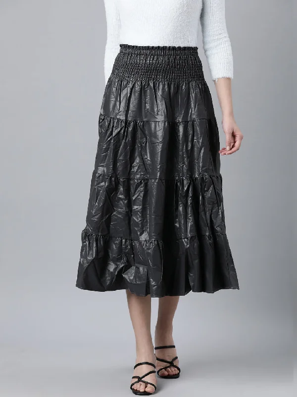 Women Solid Grey Tiered Midi Skirt Minimalist Women's Casual