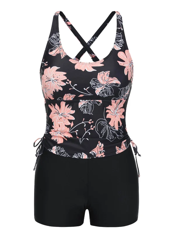 1930s Pink Floral Lace-Up Tankini Sporty Women's Athleisure 