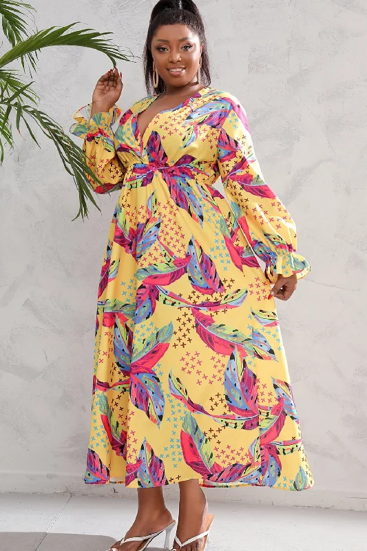 Plus Size Printed Flounce Sleeve Maxi Dress Compression
