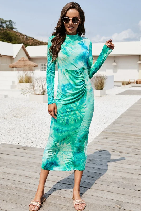 Tie Dye Mock Neck Long Sleeve Dress Monochromatic Office Style
