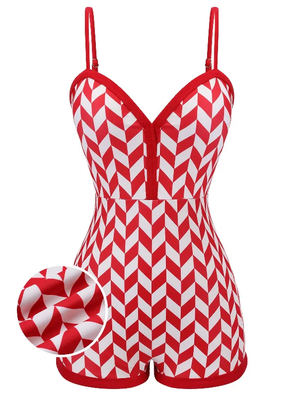 Red 1950s Diamond Plaid Heart Collar Swimsuit Trendy Women's 