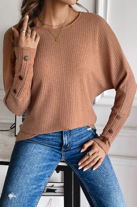 Waffle-Knit Round Neck Top Sleek Women's Metallic