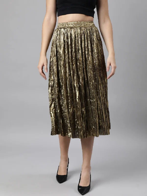 Women Solid Flared Gold Midi Skirt Earthy Women's Hemp - based