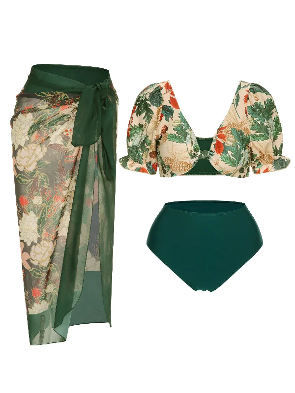 1950s Tropical Plant Patchwork Bikini Set & Cover-Up Classic Women's Pin - striped