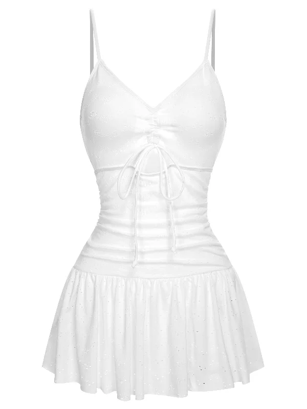 White 1960s Spaghetti Strap One-Piece Swimsuit Sporty Women's Tennis