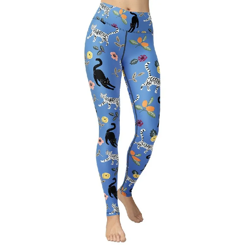 Feline & Flower Pattern Yoga Leggings Athletic Women's High - 