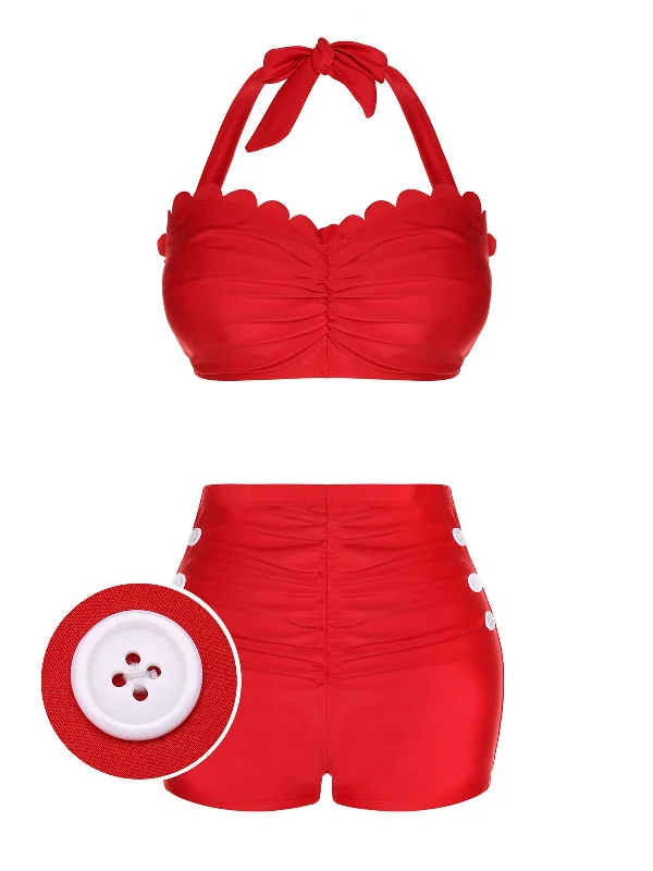 Red 1950s Button Ruffles Halter Swimsuit Preppy Women's College