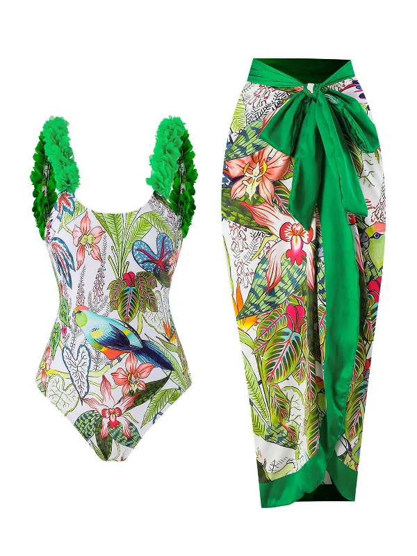 Green 1960s Floral Bird Swimsuit & Cover-Up garde