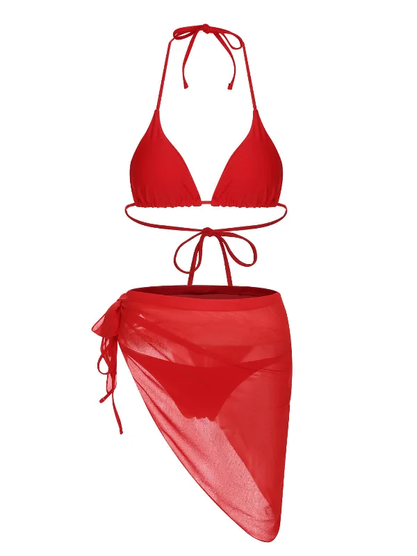 Red 1950s Solid Halter Bikini Set & Cover-Up Bohemian Women's Free