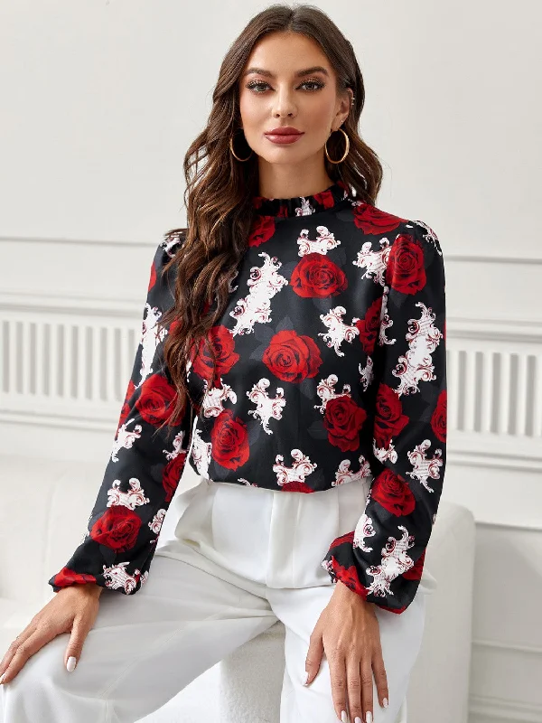 Floral Mock Neck Long Sleeve Blouse Artistic Women's Hand - painted