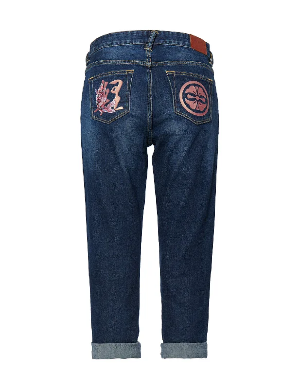 Straight-leg Denim Jeans with Kamon and Kanji Printed Pockets Modern Women's 